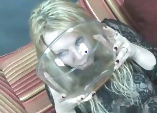 Trashy bitch in black stockings is playing with her feces