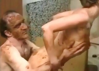 Old man is playing with scat and a teen babe