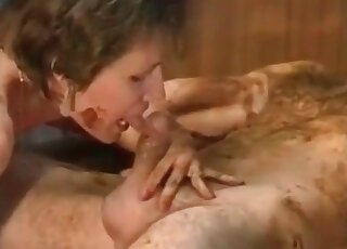 Old man is playing with scat and a teen babe