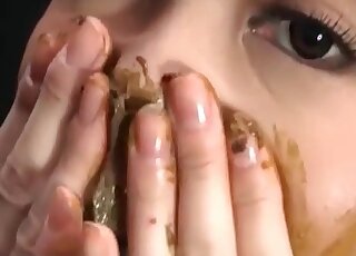 Horny Asian porn star bending over and eating